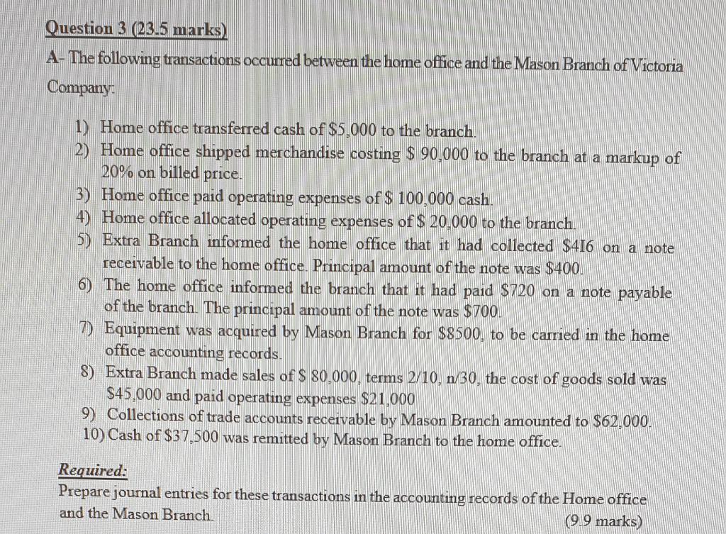  Question 3 (23.5 marks) A- The following transactions occurred between the