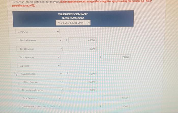 Company at year end, July 31,2024. Prepare an income statement for the