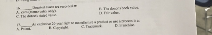  Donated assets are recorded at Zero (memo entry only). The donor's