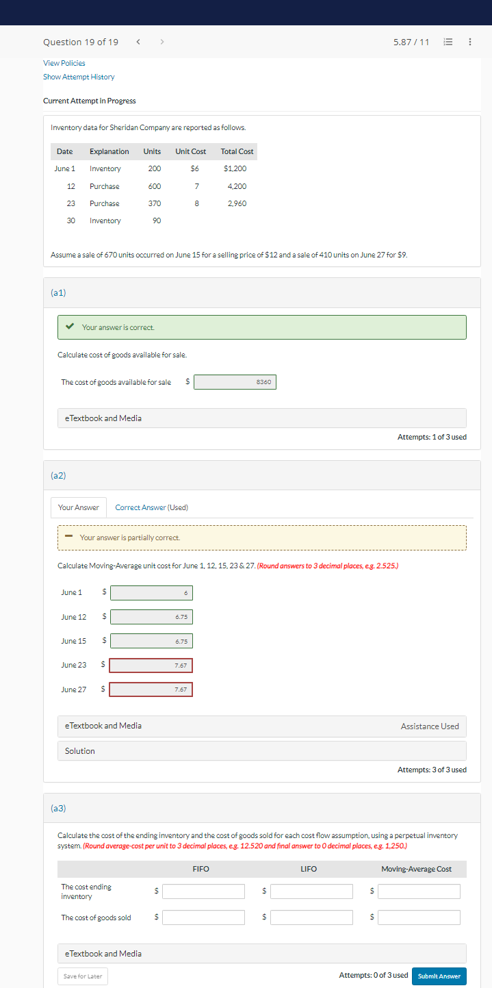  Current Attempt in Progress Imventory data for Sheridan Company are reported
