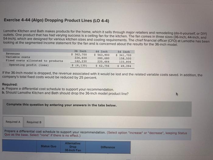  Exercise 4-44 (Algo) Dropping Product Lines (LO 4-4) Lamothe Kitchen and