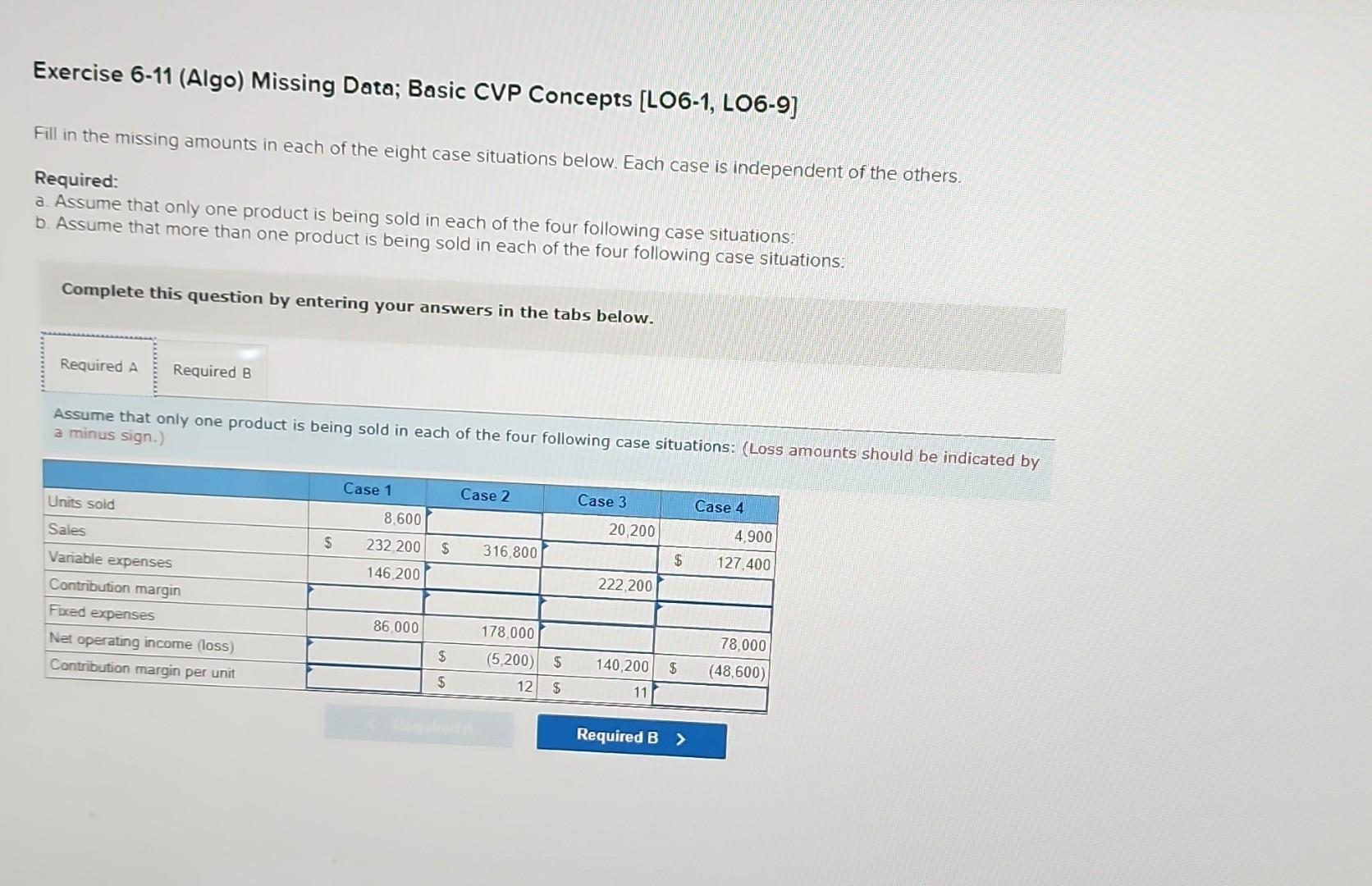 in the missing amounts in each of the eight case situations below.