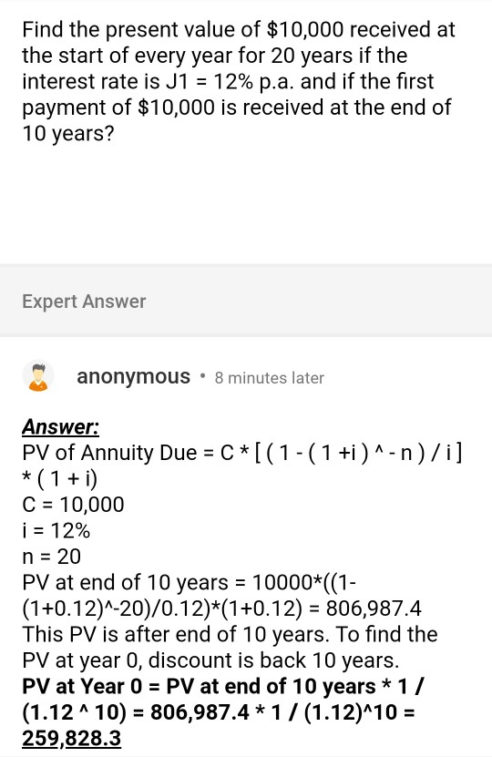 $10,000 received at the start of every year for 20 years if