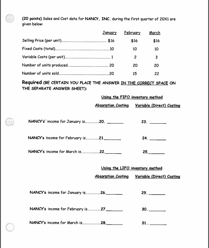 (20 points) Sales and Cost data for NANCY, INC. during the