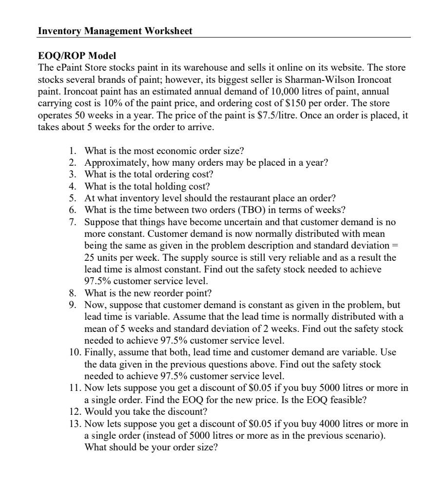  Q/ROP Model e ePaint Store stocks paint in its warehouse and