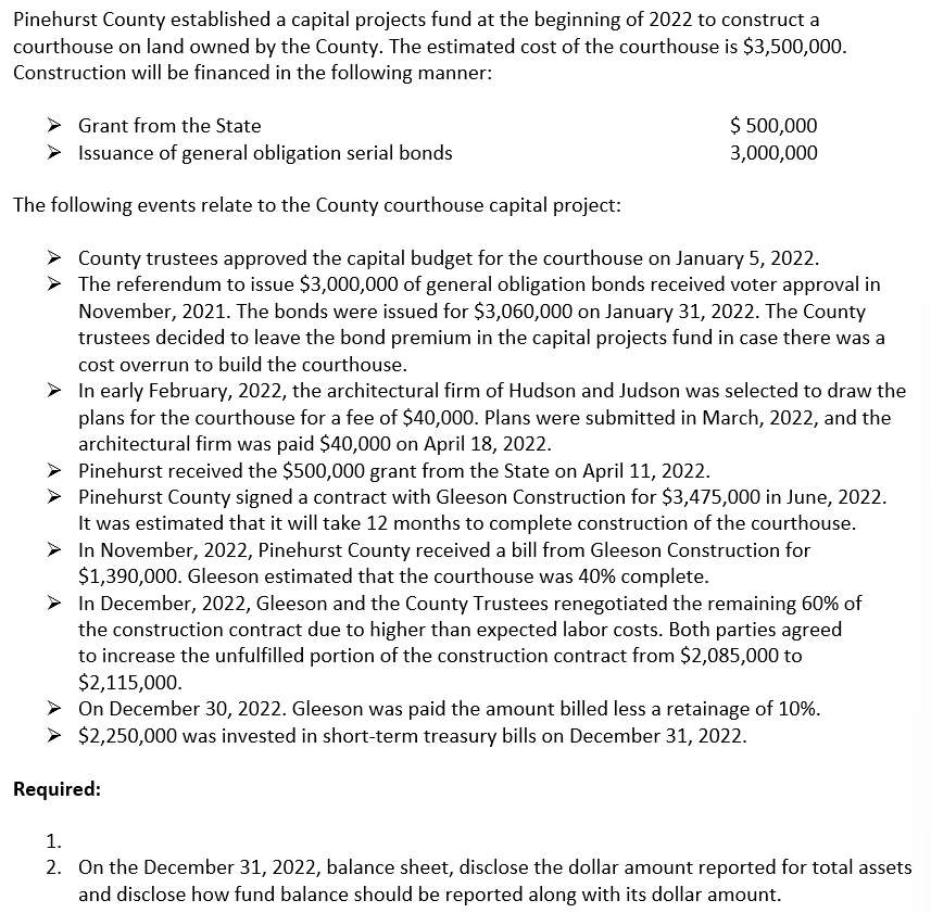  Answer form below: Pinehurst County established a capital projects fund at