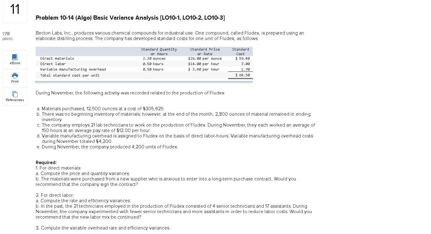  11 Problem 10-14 (Algo) Basic Variance Analysis [LO10-1, LO10-2, L010-3] 1.78