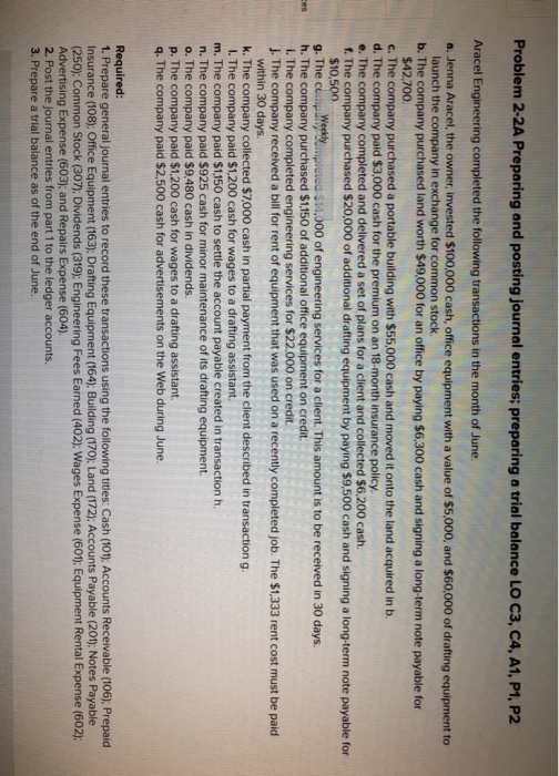  Problem 2-2A Preparing and posting journal entries; preparing a trial balance