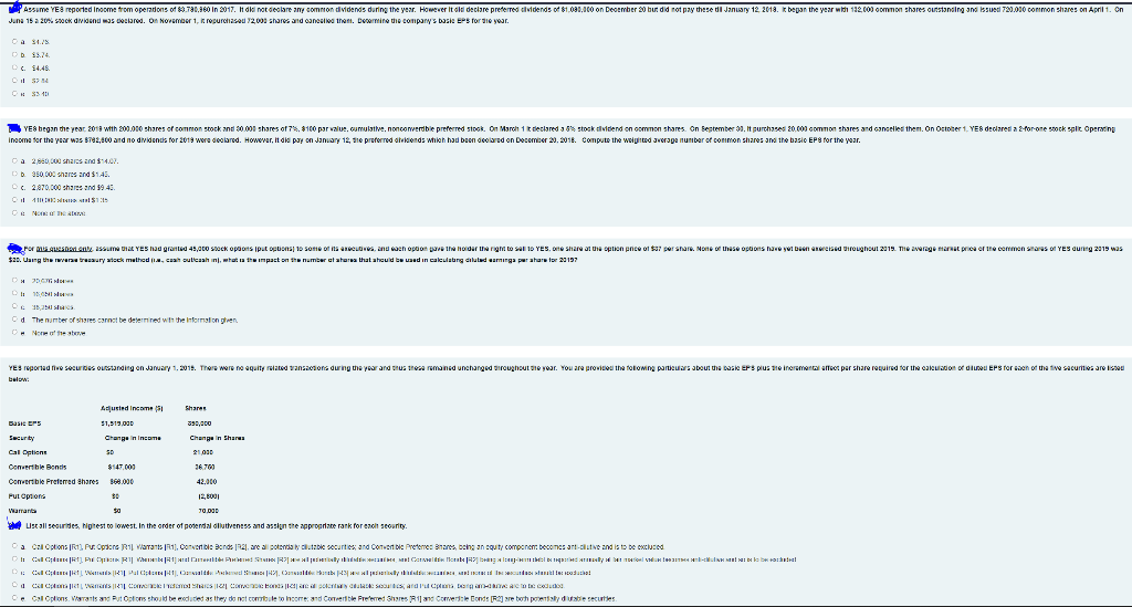 given SIX Multiple Choice Questions on EARNINGS PER SHARE. USE THE INFORMATION