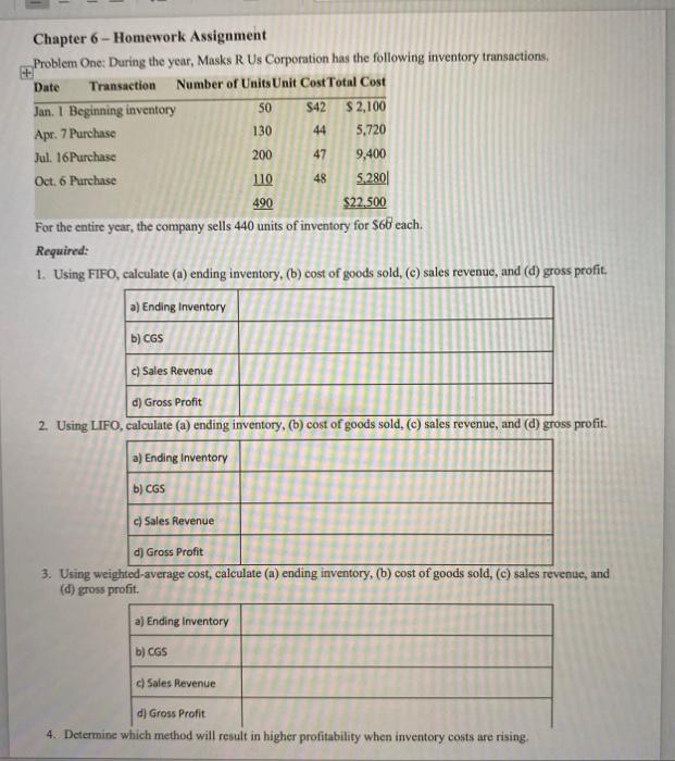  Chapter 6 - Homework Assignment Problem One: During the year, Masks