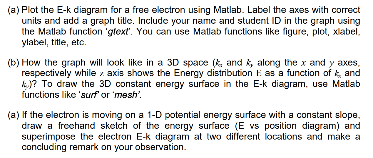 (a) Plot the E-k diagram for a free electron using Matlab.