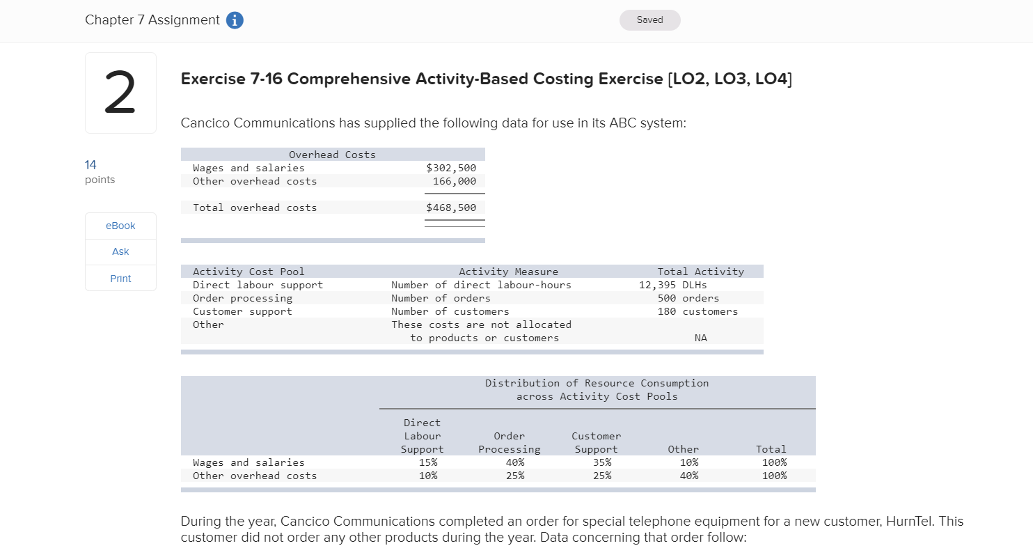  Chapter 7 Assignment 6 Saved Exercise 7-16 Comprehensive Activity-Based Costing Exercise
