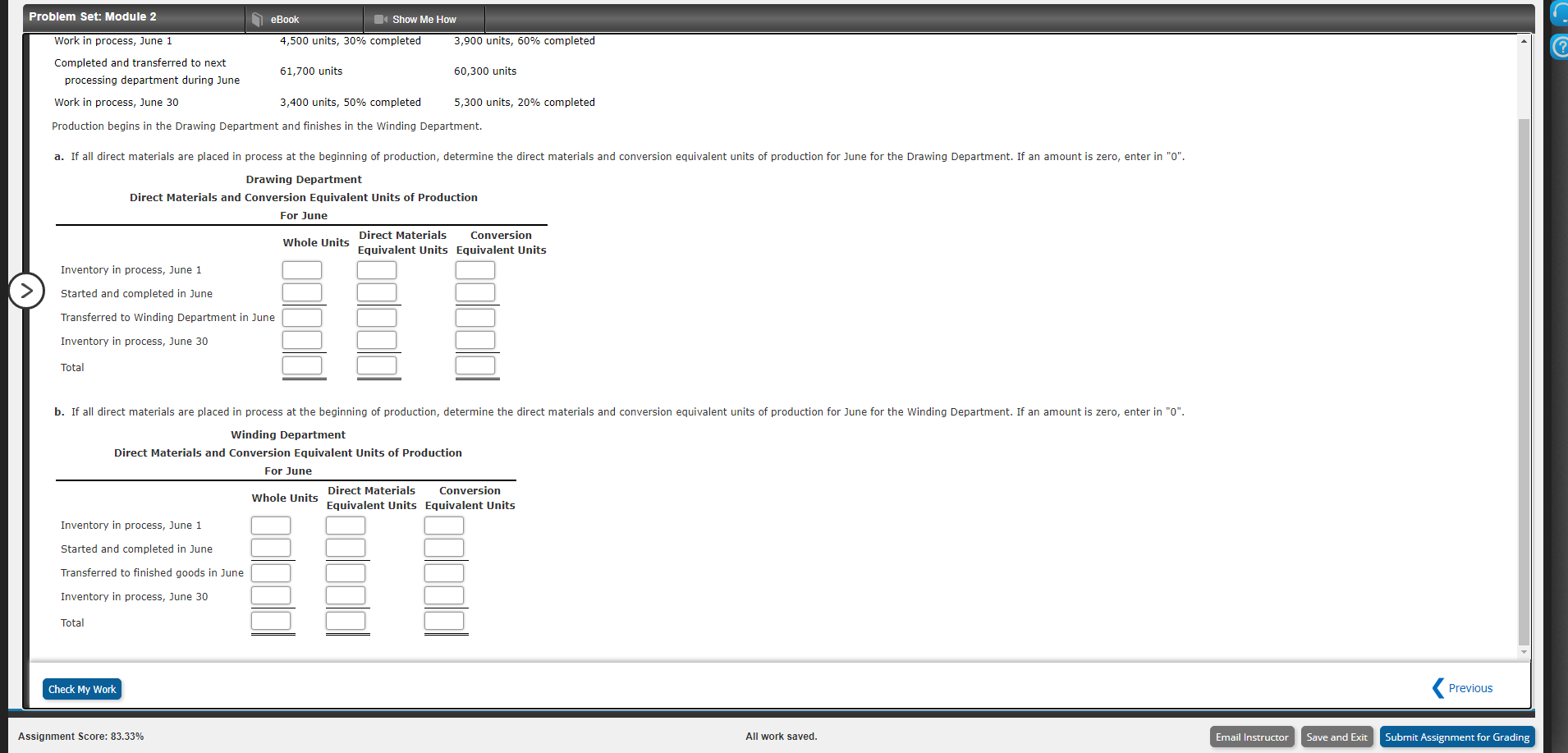 Production Data for the two departments of Kimble & Pierce Company for