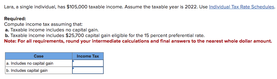 Please answer the above question using the Individual Tax Rate Schedule. Thank