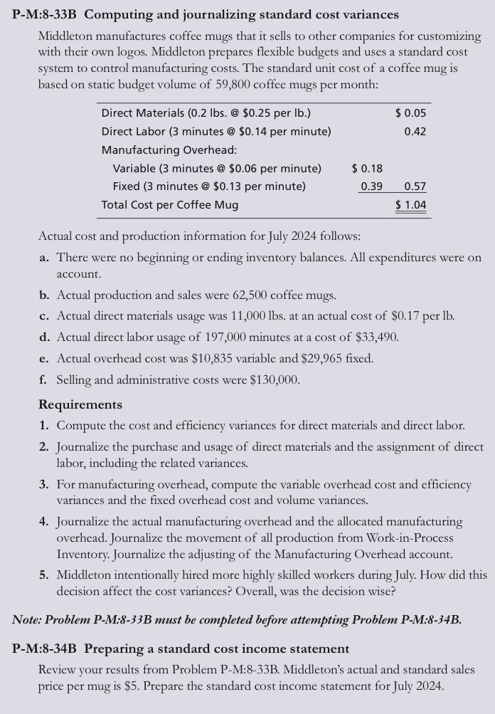  P-M:8-33B Computing and journalizing standard cost variances Middleton manufactures coffee mugs