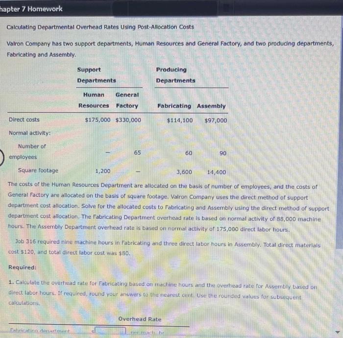  hapter 7 Homework Calculating Departmental Overhead Rates Using Post-Allocation Costs Valron