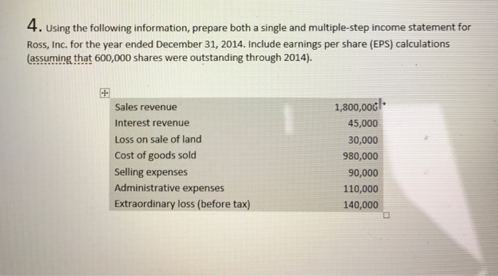  Using the following information, prepare both a single and multiple-step income