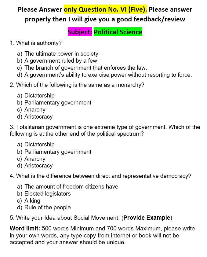 Please Answer only Question No. VI (Five). Please answer properly then I