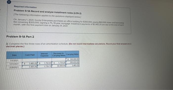  Required information. Problem 9.1A Record and analyze installment notes (L.O9.2) [The
