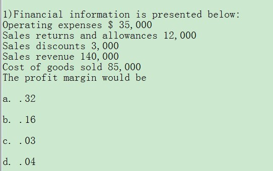 questions: 2) 5) Financial information is presented below: Operating expenses $ 35,000