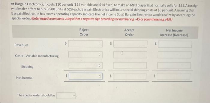  At Bargain Electronics, it costs $30 per unit (\$16 variable and