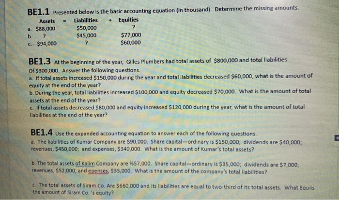 accounting equation (in thousand). Determine the missing amounts. Assets Liabilities Equities a.