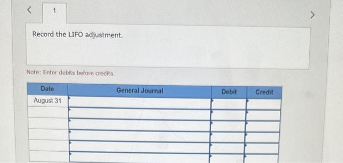 Using LIFO, calculate ending inventory and cost of goods sold at August