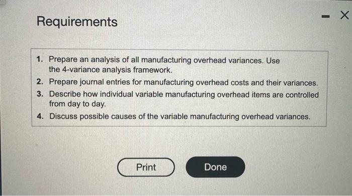all manufacturing overhead variances. Use the 4-variance analysis framework. 2. Prepare journal