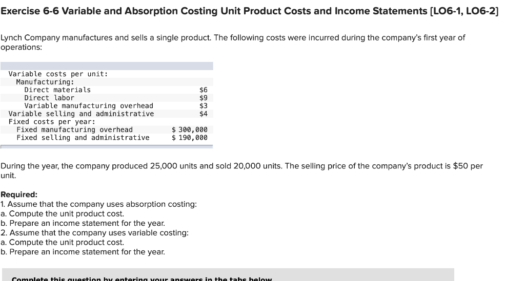 Exercise 6-6 Variable and Absorption Costing Unit Product Costs and Income