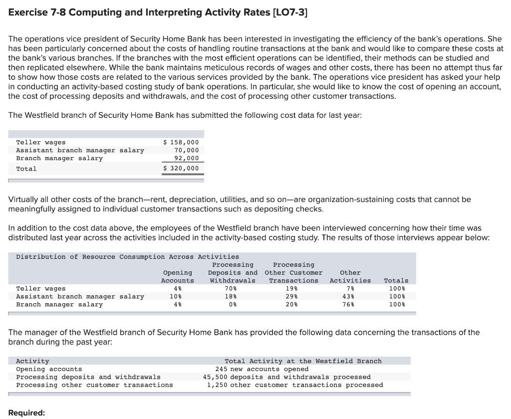  Exercise 7-8 Computing and Interpreting Activity Rates (L07-3] The operations vice