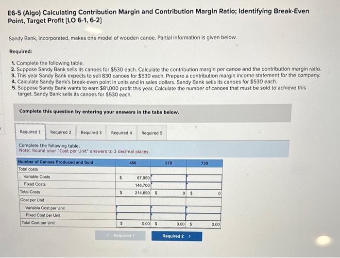  E6-5 (Algo) Calculating Contribution Margin and Contribution Margin Ratio; Identifying Break-Even