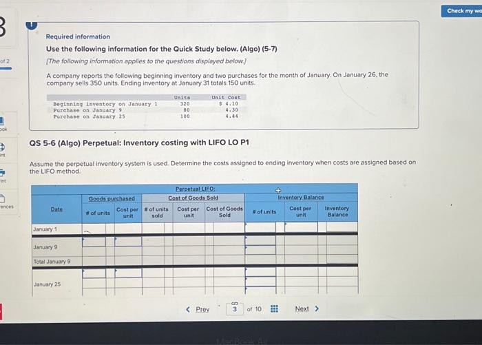  Required information Use the following information for the Quick Study below.