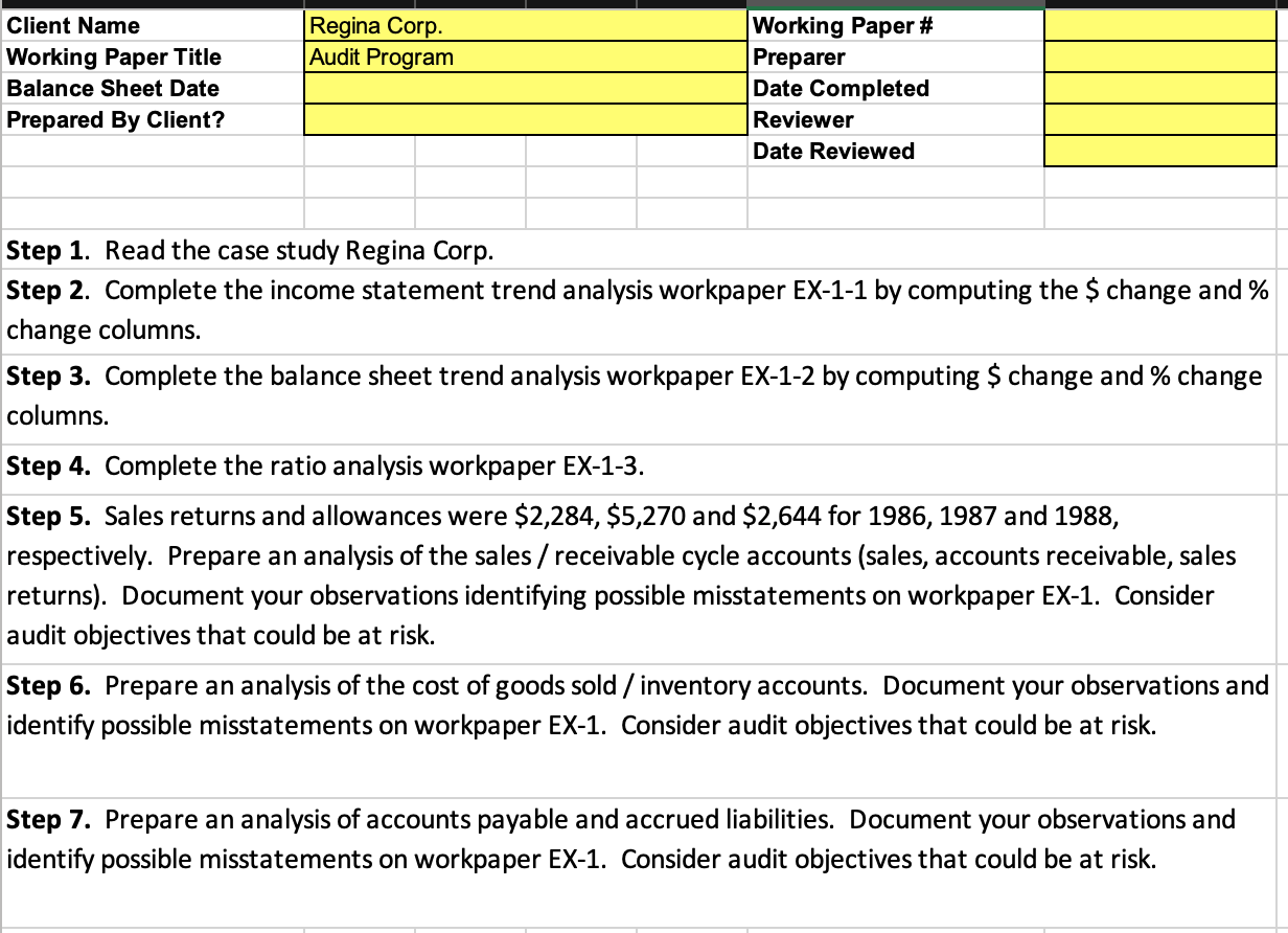  Regina Corp. Audit Program Client Name Working Paper Title Balance Sheet
