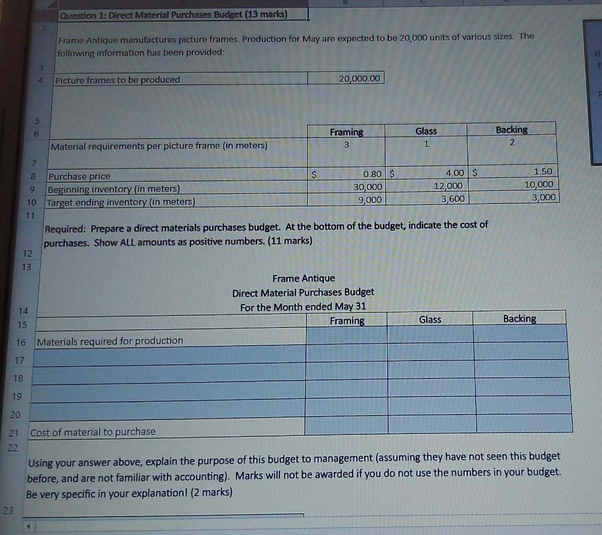 Question 1 : Direct Material Purchases Budget ( 13 marks ) Frame