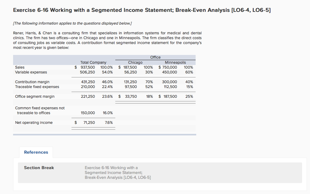 Exercise 6-16 Working with a Segmented Income Statement; Break-Even Analysis [LO6-4,