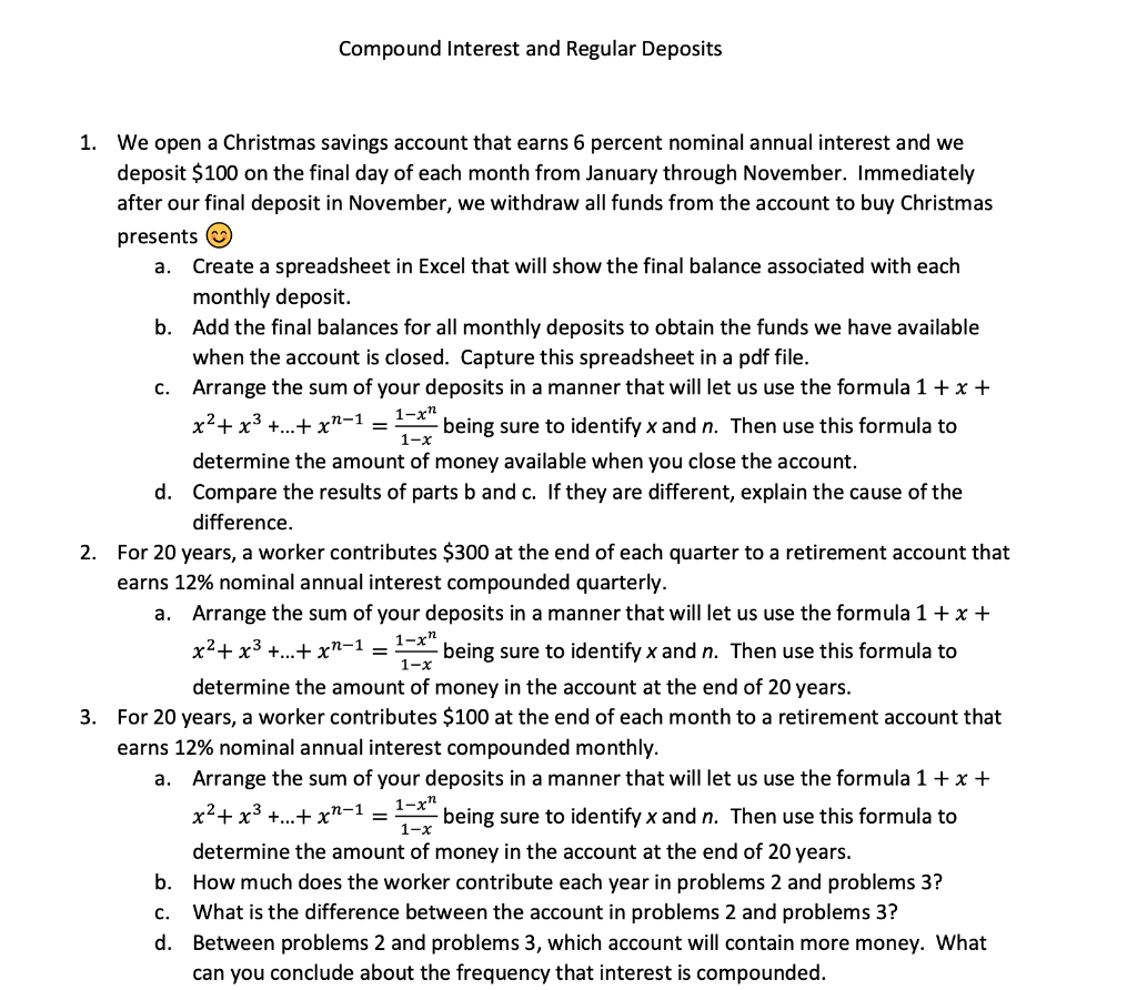  Compound Interest and Regular Deposits 1-x 1. We open a Christmas