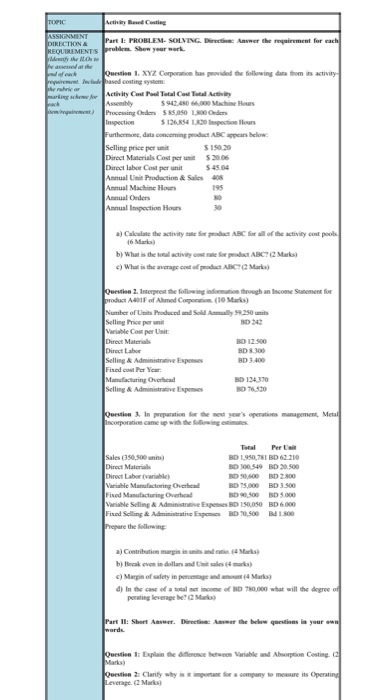  TOPIC cthy Based Casting ASSIGNMENT DIRECTION A Part 1: PROBLEM SOLVING