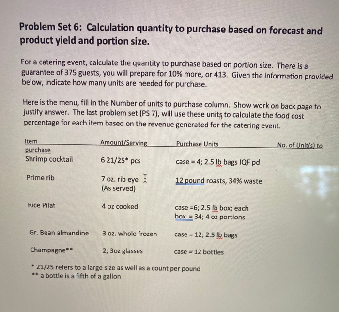  Problem Set 6: Calculation quantity to purchase based on forecast and
