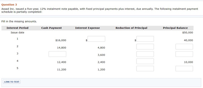  Question 3 Assad Inc. issued a five-year, 12% instalment note payable,