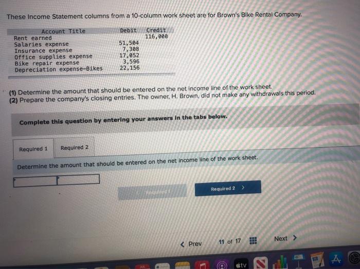  These Income Statement columns from a 10-column work sheet are for