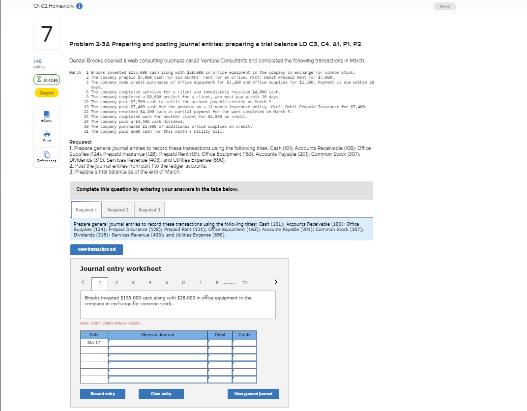  Ch 02 Homework Saves 7 Problem 2-3A Preparing and posting Journal
