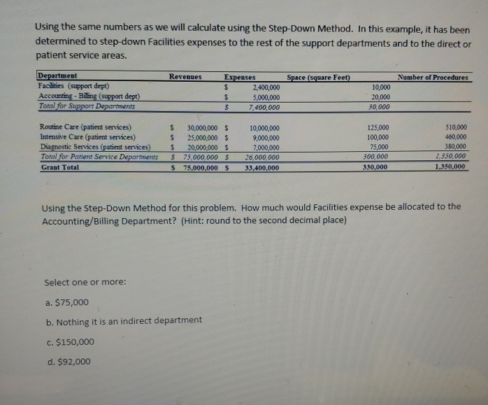 Using the same numbers as we will calculate using the Step-Down Method.