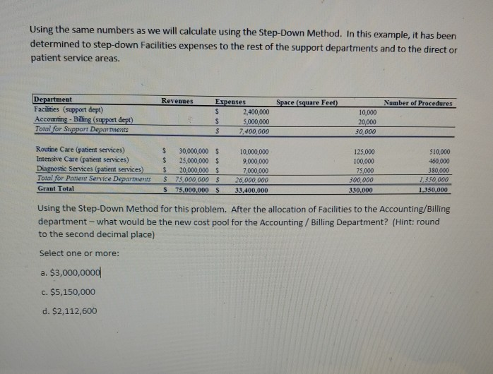In this example, it has been determined to step down Facilities expenses