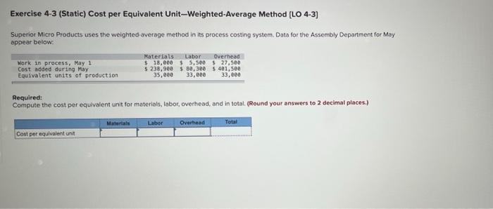  Exercise 4-3 (Static) Cost per Equivalent Unit-Weighted-Average Method [LO 4-3) Superior
