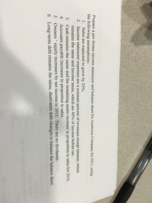  Prepare a pro forma income statement and balance sheet for Anderson