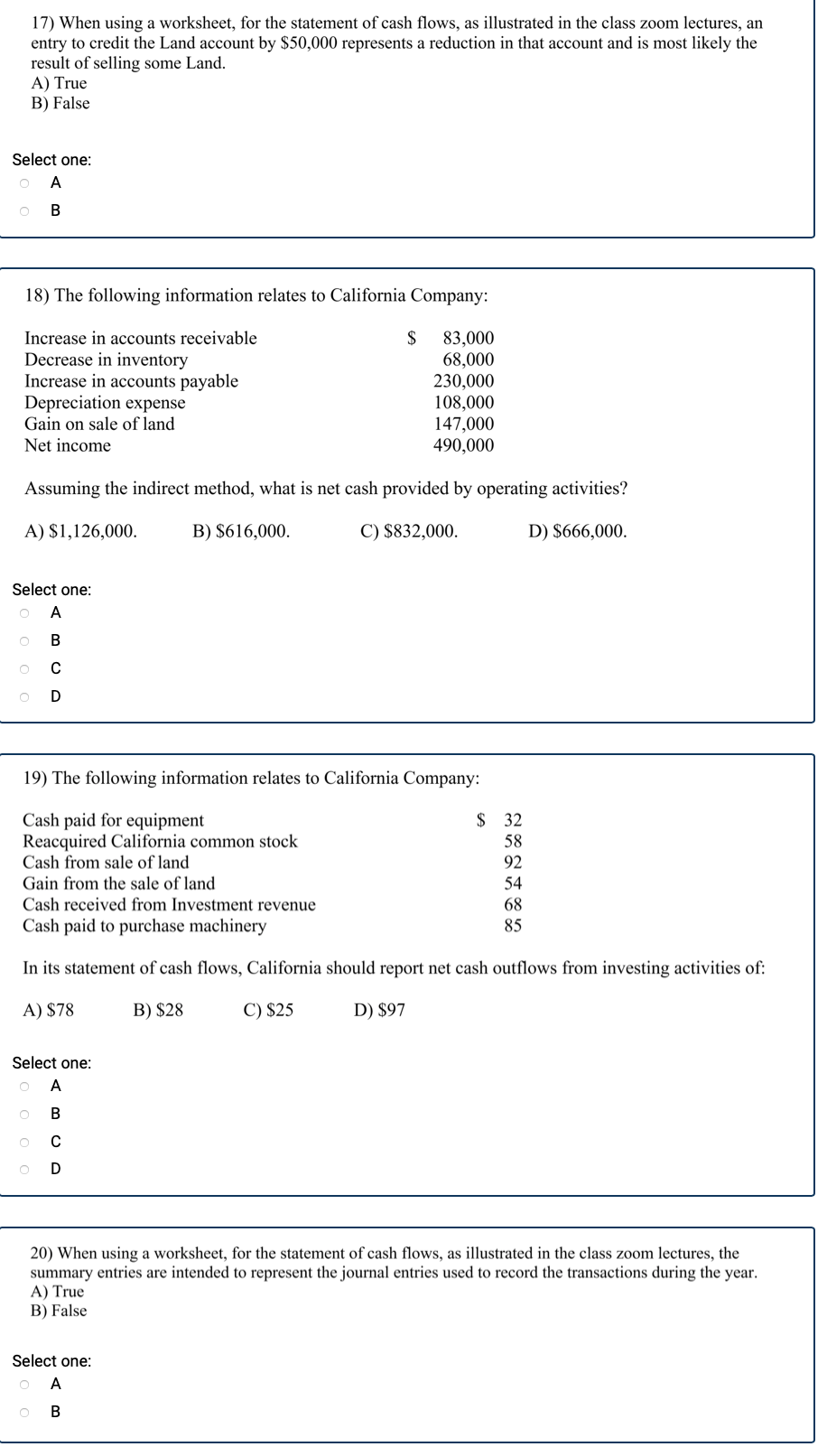  17) When using a worksheet, for the statement of cash flows,