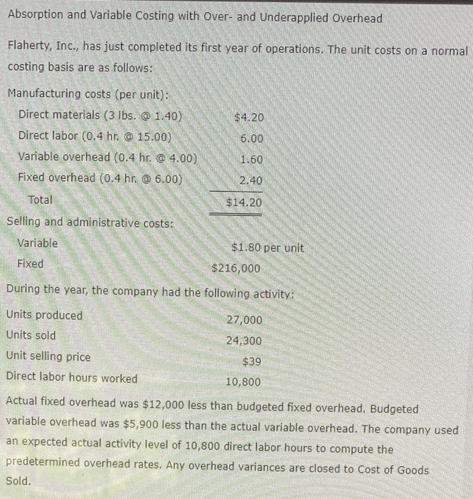  Absorption and Variable Costing with Over- and Underapplied Overhead Flaherty, Inc.,