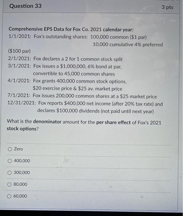  Question 33 3 pts Comprehensive EPS Data for Fox Co. 2021