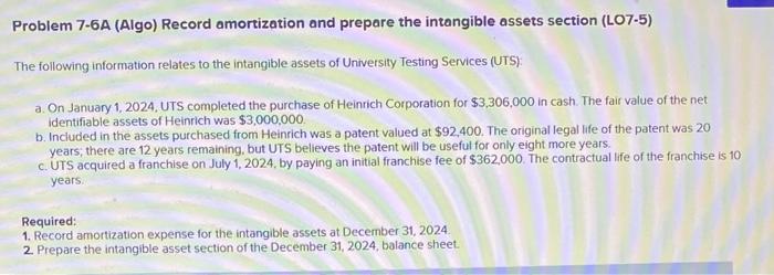  Problem 7-6A (Algo) Record amortization and prepare the intangible assets section