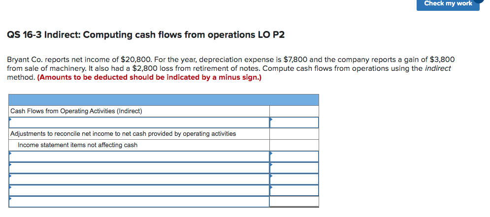 Check my work QS 16-3 Indirect: Computing cash flows from operations
